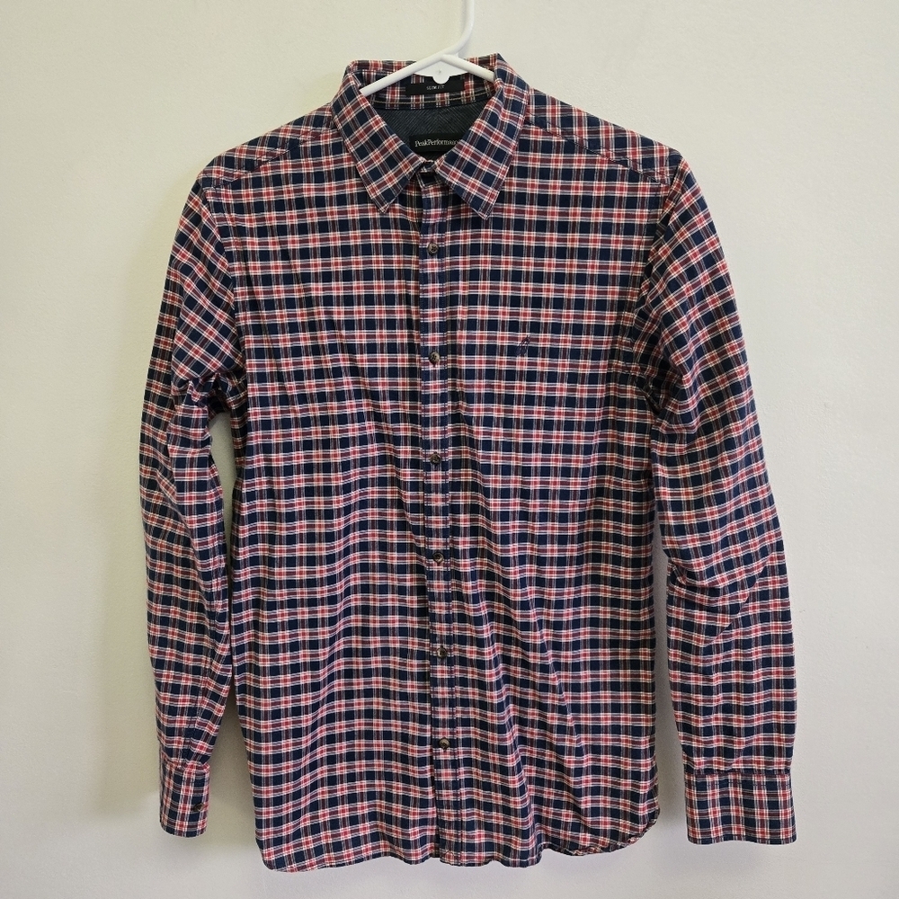 3/$30 Peak Performance "Luke Check" Navy & Red Plaid Shirt Size S